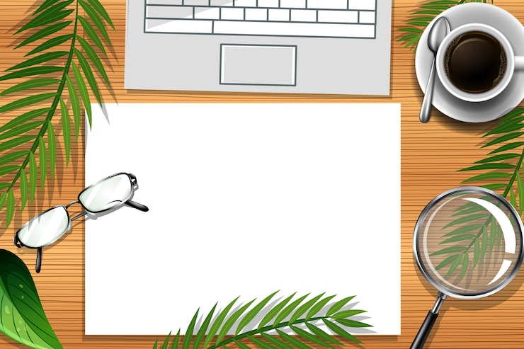 Free Vector flat lay of office work desk with office elements with green leaves