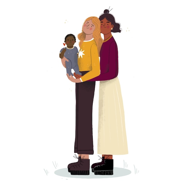 Free vector flat lesbian couple with a child