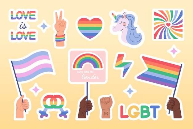 Flat LGBT pride stickers set with rainbow flags and symbols