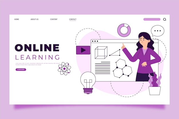 Vettore gratuito modello di pagina di destinazione dell'apprendimento online lineare piatto