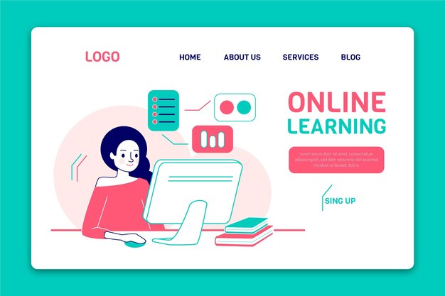 Free vector flat linear online learning landing page template