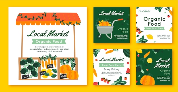 Free vector flat local market business instagram posts collection