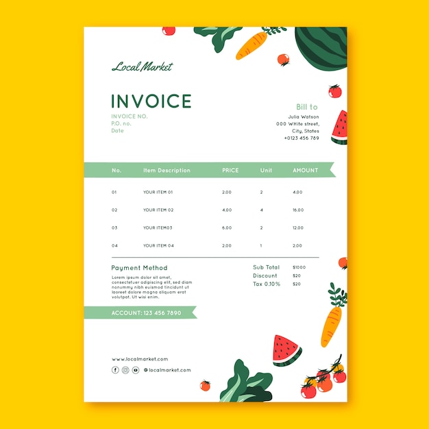 Flat local market business invoice template
