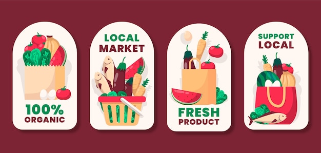 Vettore gratuito collezione di etichette aziendali del mercato locale piatto
