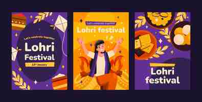 Free vector flat lohri festival celebration greeting cards collection