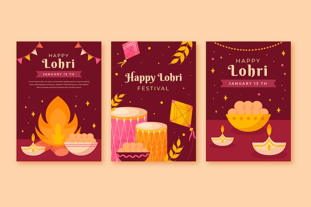 Flat lohri festival celebration greeting cards collection