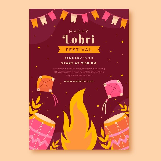 Flat lohri festival celebration vertical poster template
