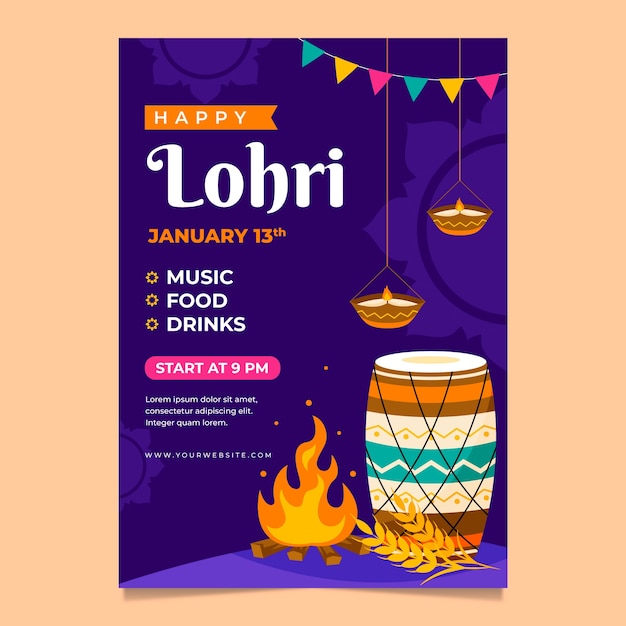 무료 벡터 평면 lohri 축제 축하 수직 포스터 템플릿