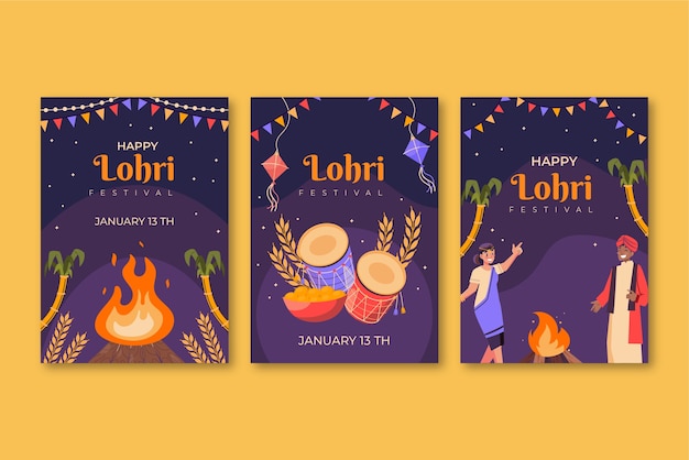 Free vector flat lohri festival greeting cards collection