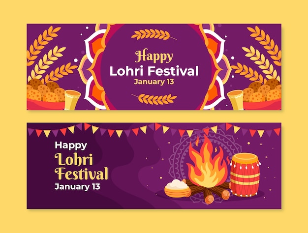 Free Vector flat lohri festival horizontal banners set