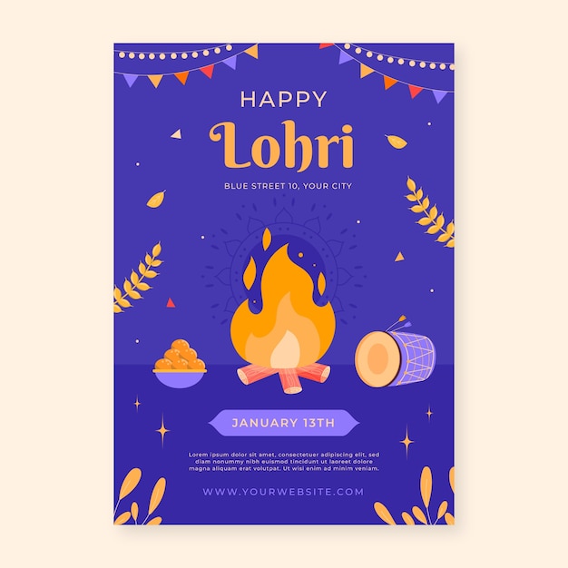 Vettore gratuito modello di poster verticale piatto lohri festival