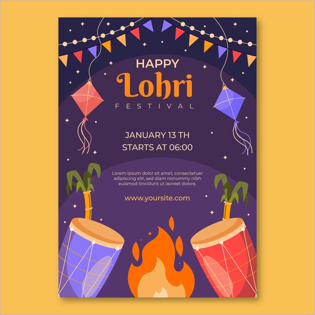 평면 lohri 축제 세로 포스터 템플릿