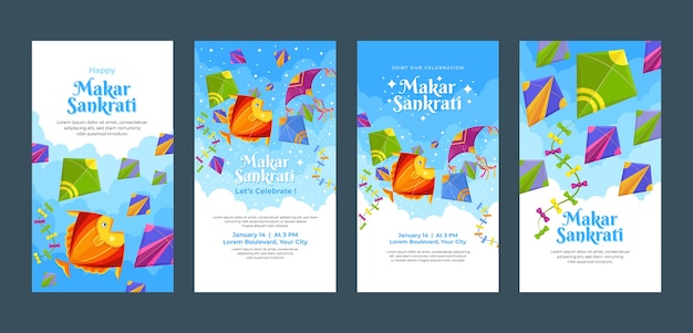 Free vector flat makar sankranti celebration instagram stories collection