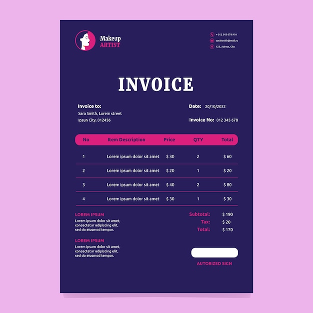 Free vector flat makeup artist invoice template