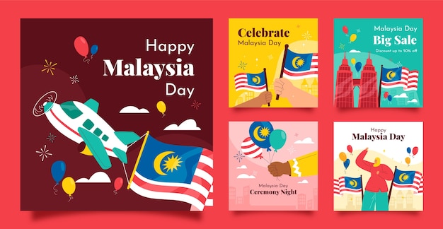 Vettore gratuito collezione di post instagram flat malesia day