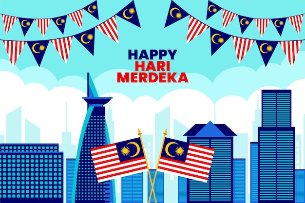 깃발과 깃발 천이 있는 평평한 말레이시아 독립 기념일 배경