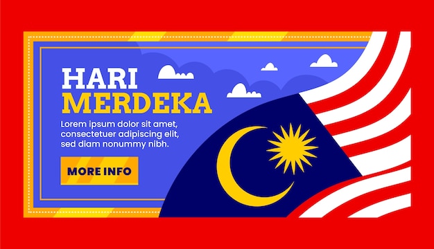 Vettore gratuito modello di banner orizzontale piatto del giorno dell'indipendenza della malesia