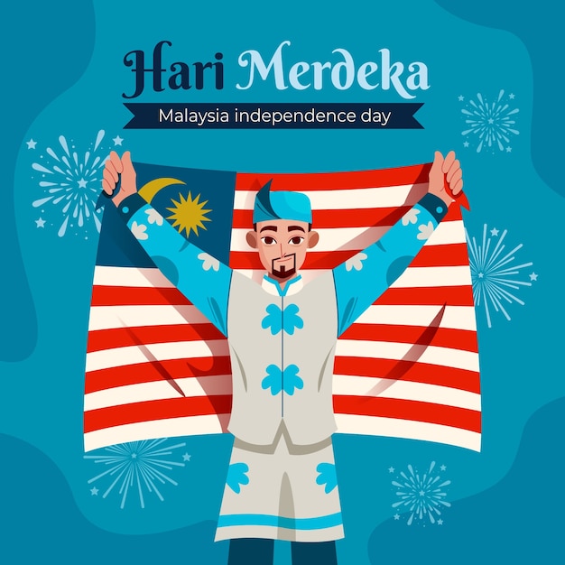 깃발을 들고 남자와 평면 말레이시아 독립 기념일 그림