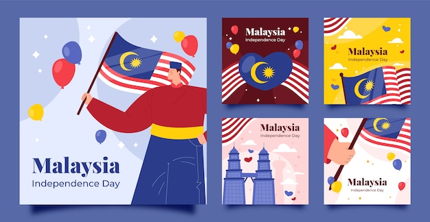 Free vector flat malaysia independence day instagram posts collection