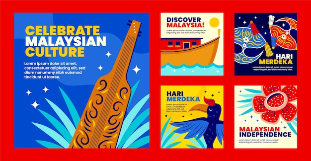 무료 벡터 평평한 말레이시아 독립 기념일 인스타그램 게시물 모음