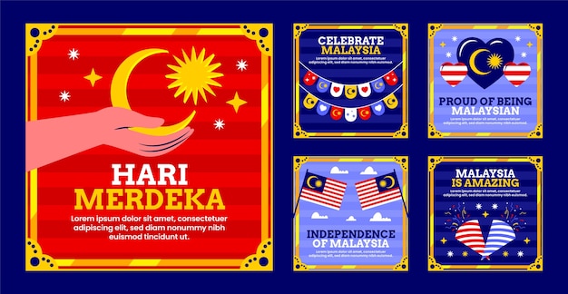 Vettore gratuito collezione di post instagram piatto del giorno dell'indipendenza della malesia