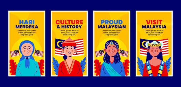 Collezione di storie di instagram del giorno dell'indipendenza della malesia piatta