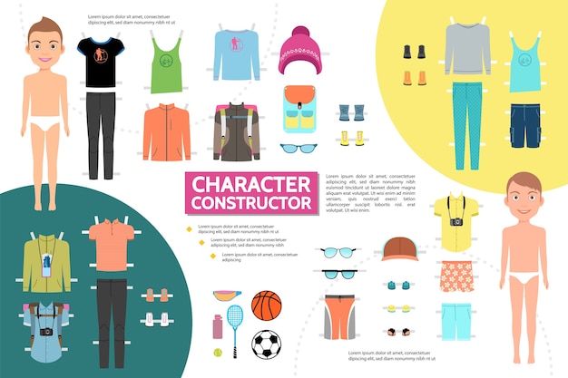スポーツ服スニーカーサングラスキャップとフラット男性アスリートキャラクターインフォグラフィックコンセプト