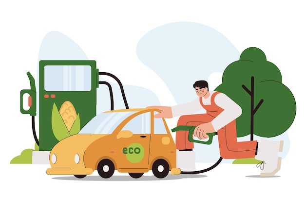 Плоский человек заправляет автомобиль биотопливом на заправочной станции