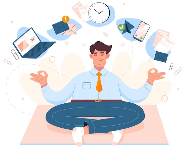 Flat man sits in lotus position, practicing mindfulness meditation. worker doing yoga on workplace.