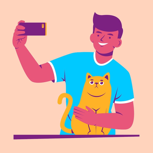 Flat man taking selfies with smartphone