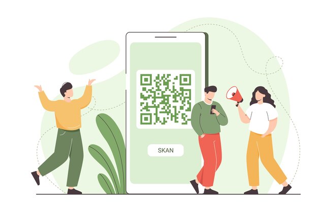 Плоский человек с мобильным телефоном сканирует qr-код для онлайн-платежей и покупок в Интернете. Персонажи стоят рядом с большим смартфоном с символом qr на экране устройства и используют приложение сканера для оплаты.