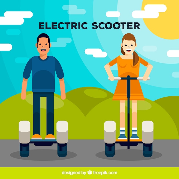 Free vector flat man/woman riding electric scooter