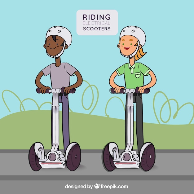 Free vector flat man/woman riding electric scooter