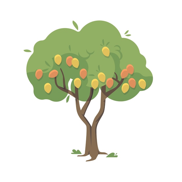 果物と葉のイラストと平らなマンゴーの木