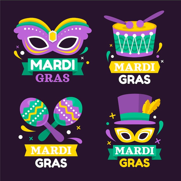 Free vector flat mardi gras badges collection