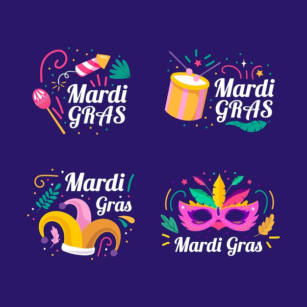 Free vector flat mardi gras badges collection