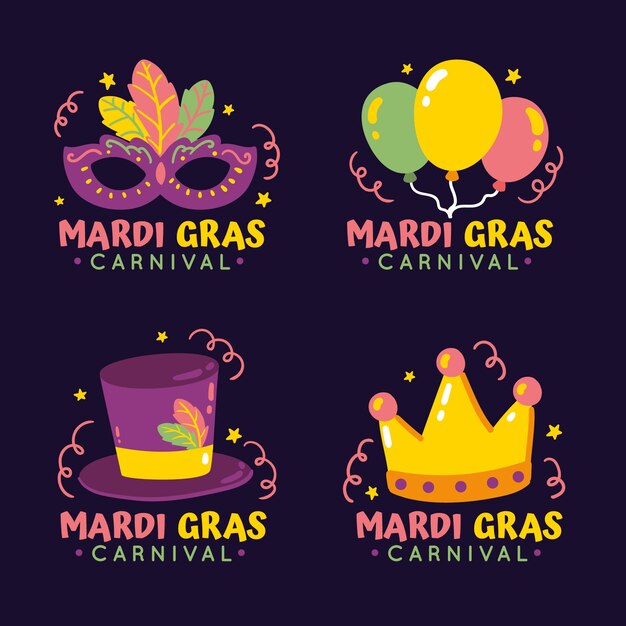 Free vector flat mardi gras badges collection