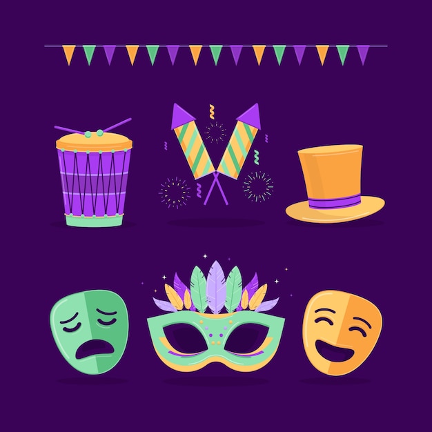 Free vector flat mardi gras festival celebration elements collection