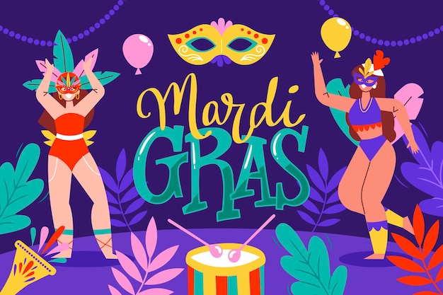 Vettore gratuito illustrazione piana del testo di celebrazione di festival di mardi gras