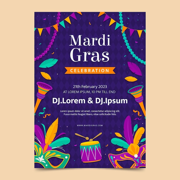 Free vector flat mardi gras festival celebration vertical poster template