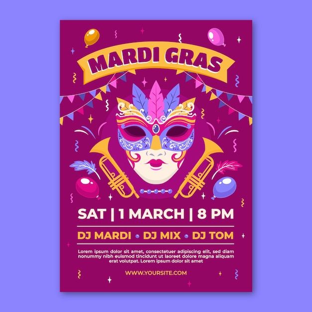 Modello di poster verticale per la celebrazione del festival del mardi gras piatto