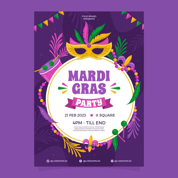 Vettore gratuito modello di poster verticale piatto mardi gras festival