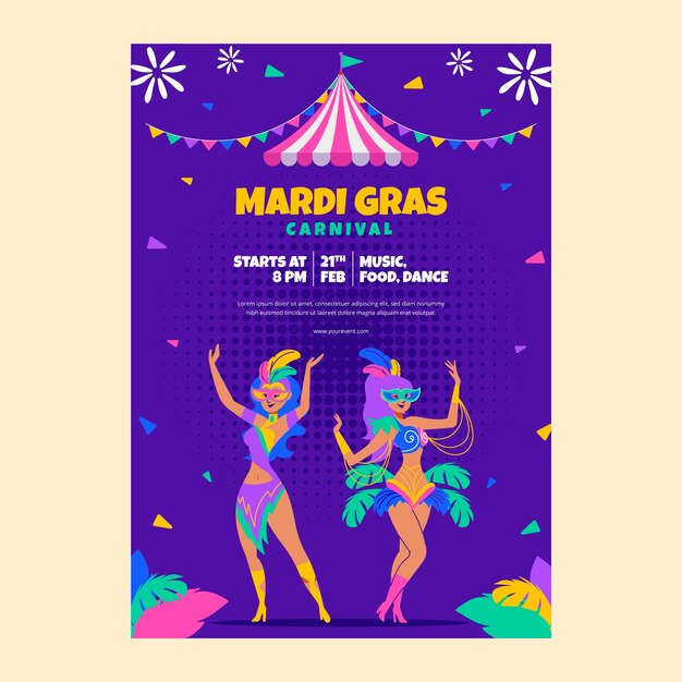 Flat mardi gras festival vertical poster template