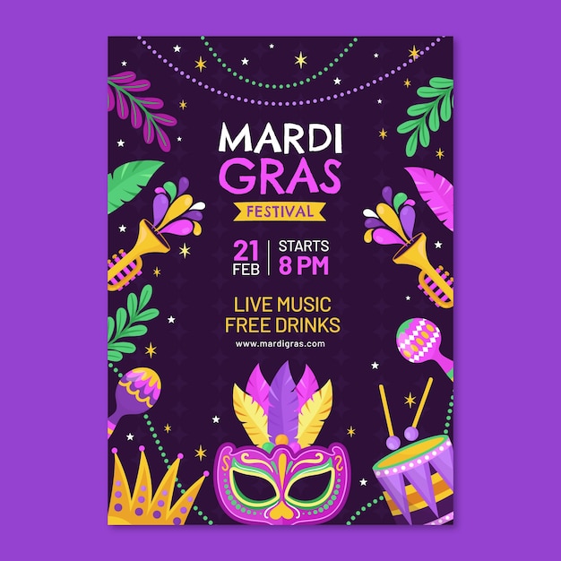 Vettore gratuito modello di poster verticale piatto mardi gras festival