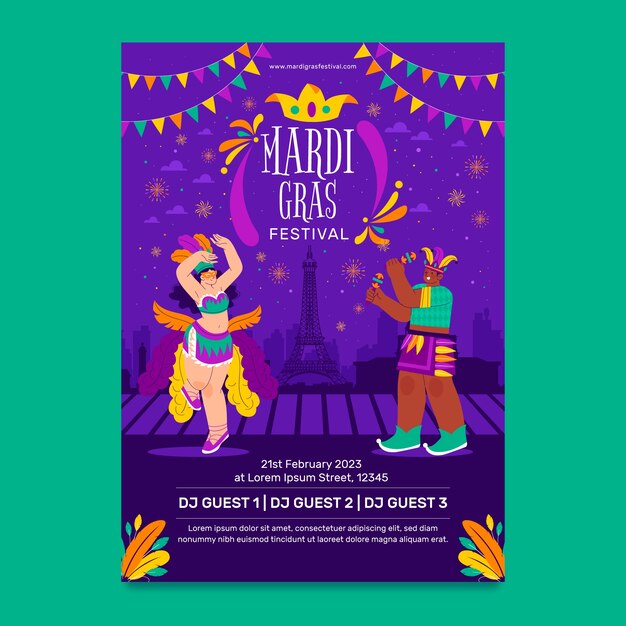 Flat mardi gras festival vertical poster template