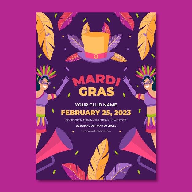 Flat mardi gras festival vertical poster template