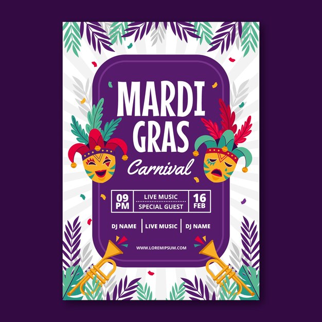 Flat mardi gras festival vertical poster template