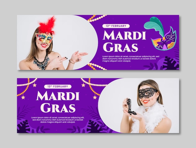 Free vector flat mardi gras horizontal banner template