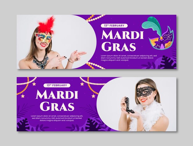 Flat mardi gras horizontal banner template