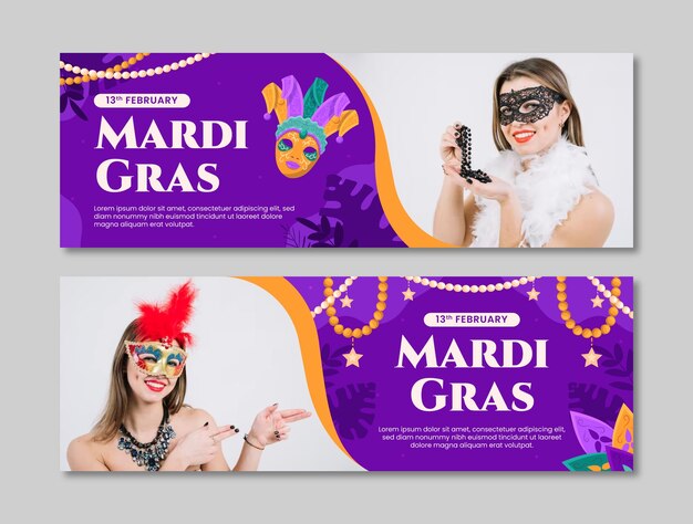 Flat mardi gras horizontal banner template